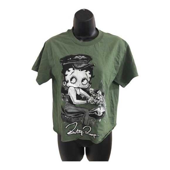 Betty Boop green betty on motorcycle graphic print cropped rolled hem tshirt - Picture 11 of 11